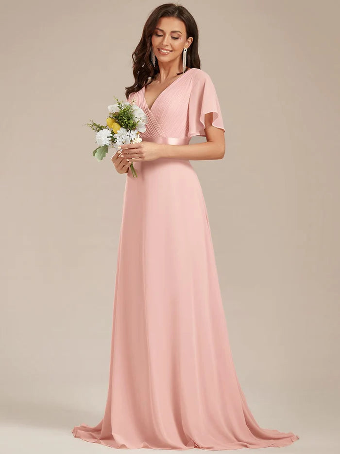 Long Empire Waist Bridesmaid Dress with Short Flutter Sleeves