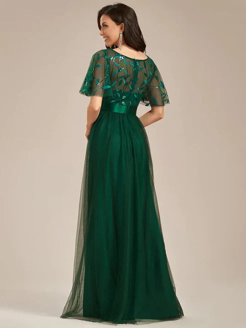 A-Line Sequin Leaf Maxi Prom Dress with Sleeves/Evening Dresses Party Dresses Wedding Guest Dresses