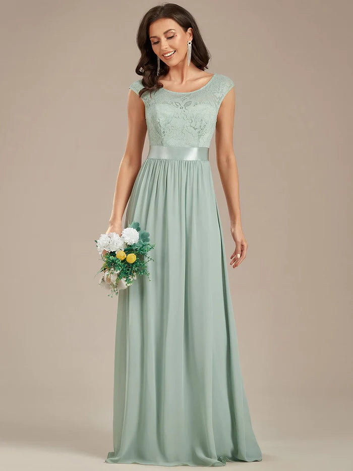 Classic Round Neck V Back Lace Bodice Bridesmaid Dress