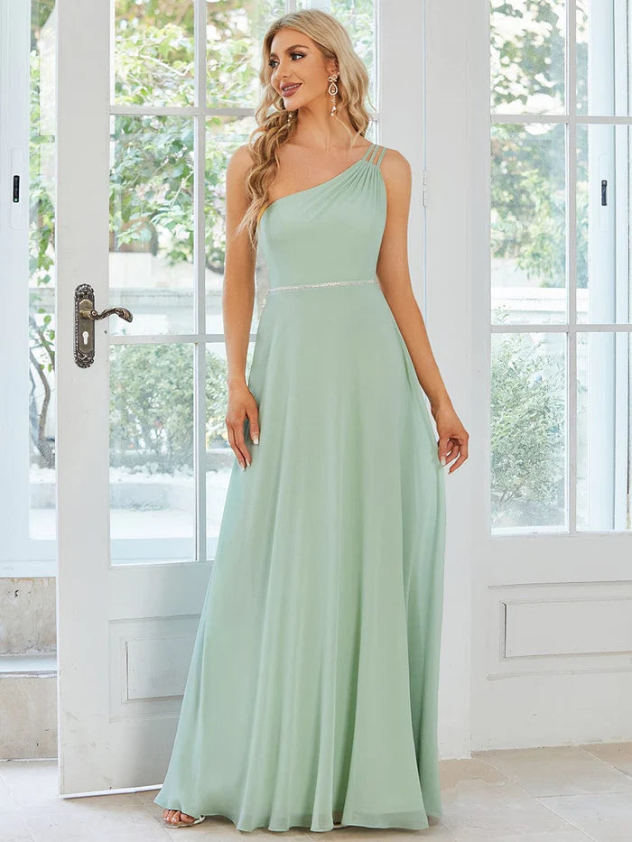 Flowy Chiffon One-Shoulder Bridesmaid Dress with Spaghetti Strap