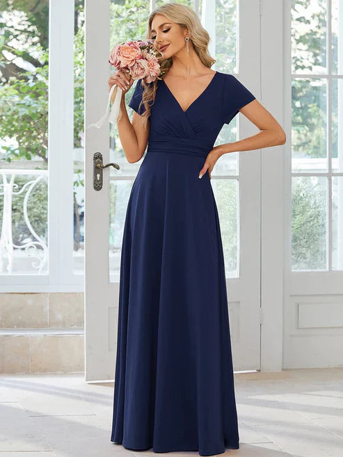 Simple Pleated Empire Waist A-Line V-neck Floor Length Bridesmaid Dress/Prom Dresses Party Dresses Wedding Guest Dresses