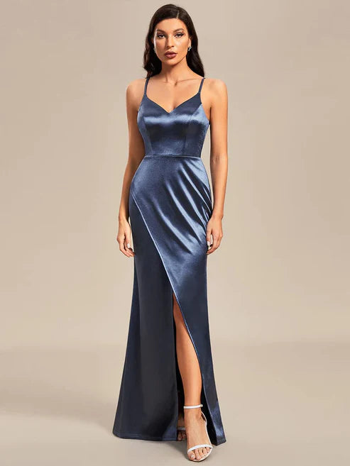Pleated Front Slit Spaghetti Straps High Stretch Bodycon Satin Bridesmaid Dress/Prom Dresses Party Dresses Wedding Guest Dresses