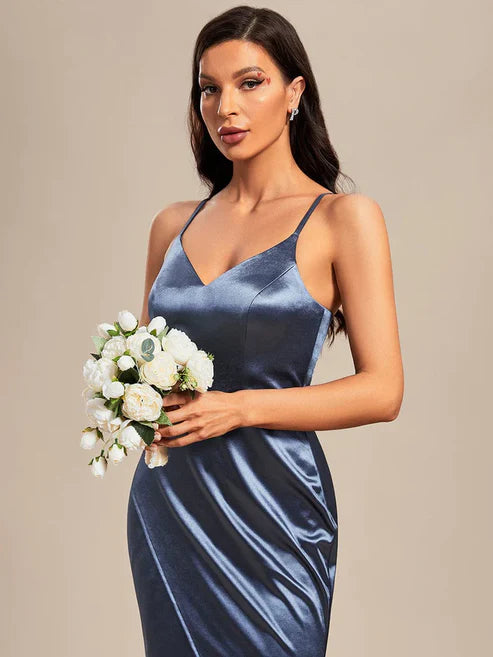 Pleated Front Slit Spaghetti Straps High Stretch Bodycon Satin Bridesmaid Dress/Prom Dresses Party Dresses Wedding Guest Dresses