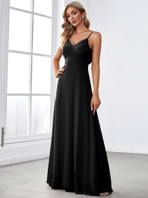 Criss Cross Spaghetti Straps V-Neck Floor Length Chiffon Backless A-Line Bridesmaid Dress/Evening Dresses
