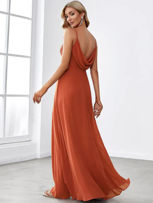 Criss Cross Spaghetti Straps V-Neck Floor Length Chiffon Backless A-Line Bridesmaid Dress/Evening Dresses