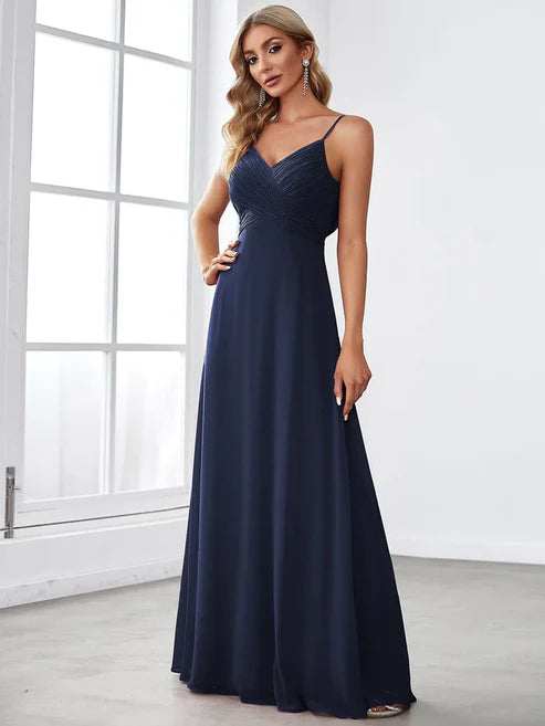 Criss Cross Spaghetti Straps V-Neck Floor Length Chiffon Backless A-Line Bridesmaid Dress/Evening Dresses