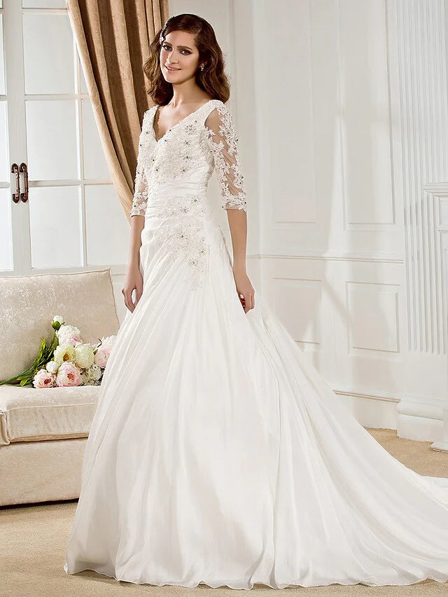 Ball Gown Wedding Dresses V Neck Chapel Train Taffeta Half Sleeve See-Through with Ruched Beading Appliques