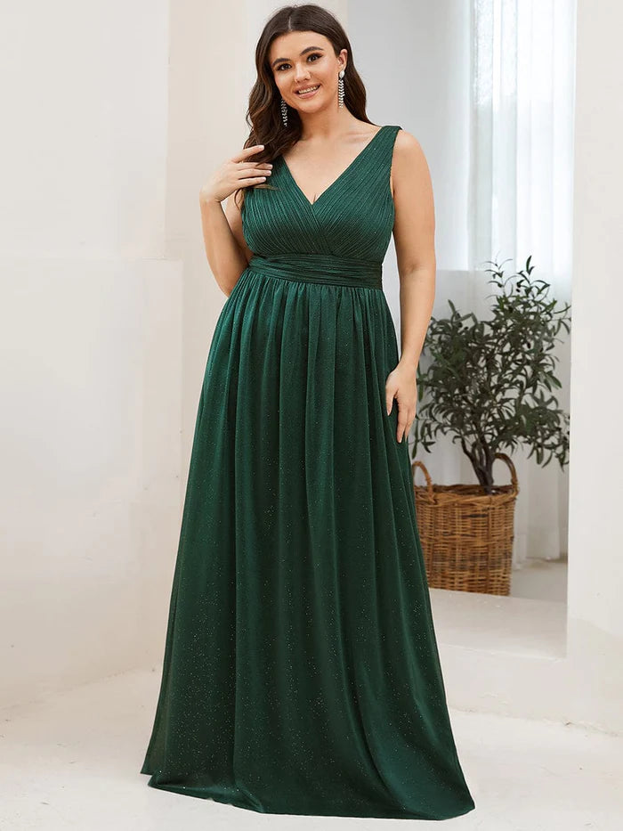 Double V Neck Maxi Long Plus Size Sparkly Evening Dresses for Party