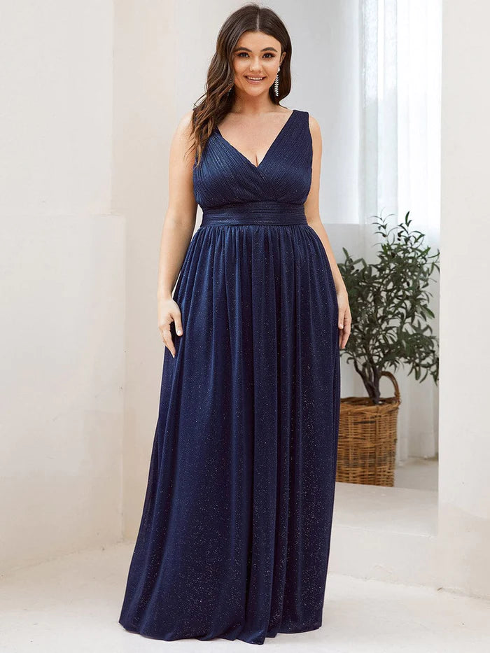 Double V Neck Maxi Long Plus Size Sparkly Evening Dresses for Party