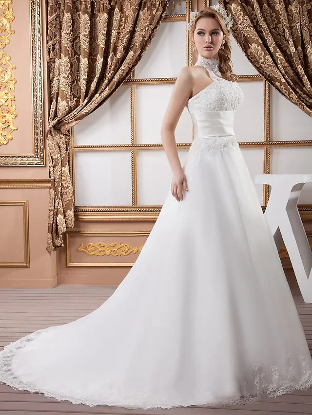 A-Line Wedding Dresses High Neck Court Train Lace Satin Tulle Regular Straps with Ruched Beading Appliques