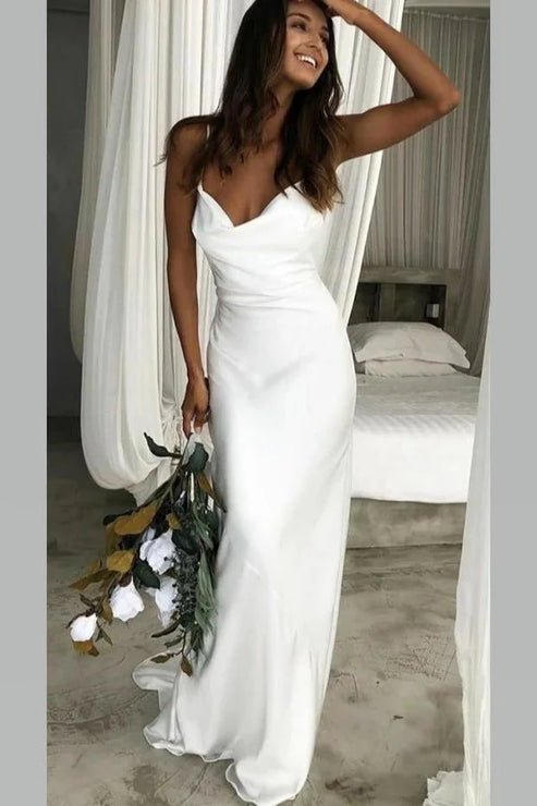 Mermaid Satin White Sweep Train Spaghetti Straps Wedding Dress Sexy