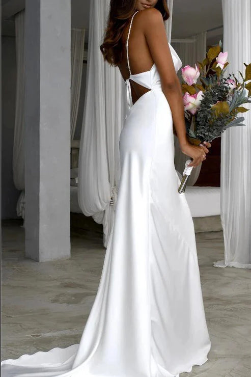 Mermaid Satin White Sweep Train Spaghetti Straps Wedding Dress Sexy
