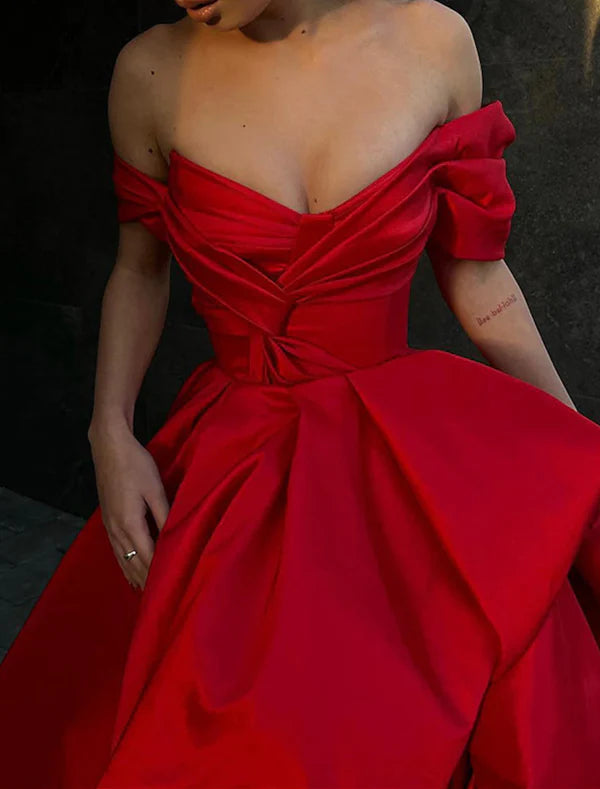 Elegant A-Line Off Shoulder Evening Gown Red Black Dress Masquerade Prom Sweep / Brush Train Satin Sexy Party Dress with Slit