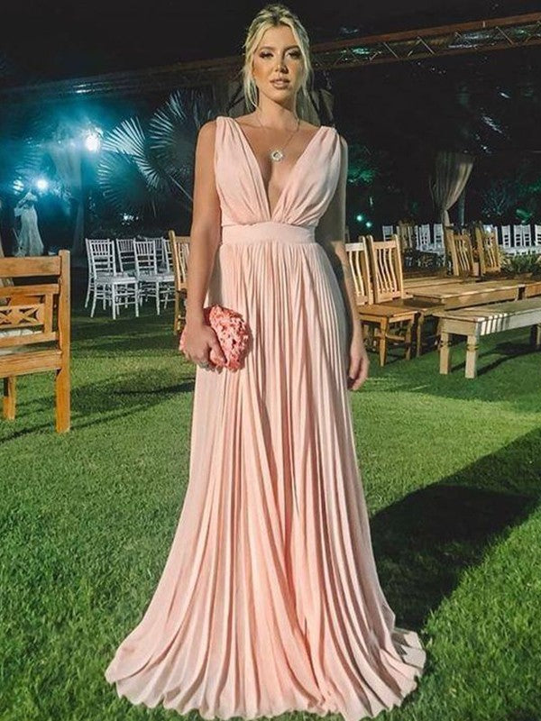 Elegant A-Line/Princess Chiffon V-neck Sleeveless Wedding Guest Dress Sexy Evening Party Dress