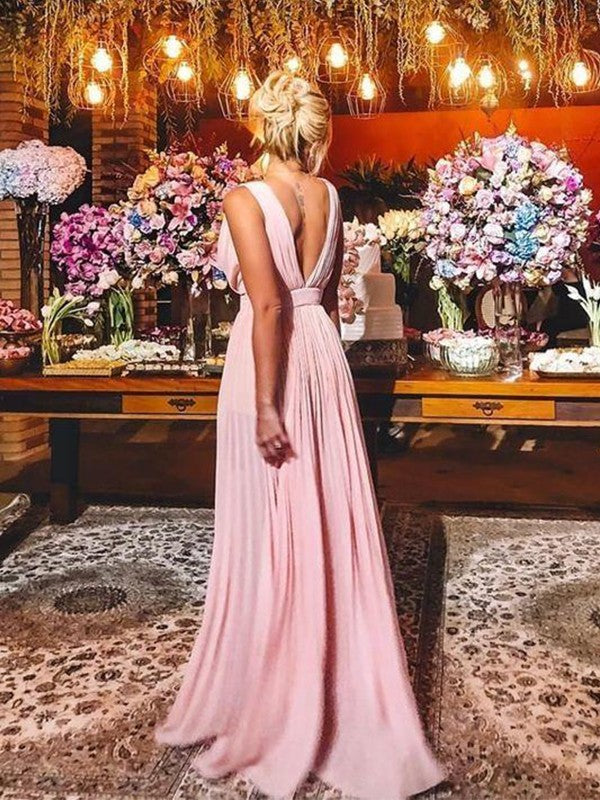 Elegant A-Line/Princess Chiffon V-neck Sleeveless Wedding Guest Dress Sexy Evening Party Dress