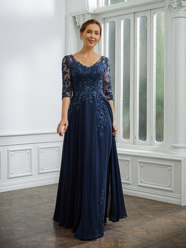 Elegant A-Line V-neck Floor-Length Mother of the Bride Dresses Chiffon Wedding Guest Dress Party Dress with Appliques