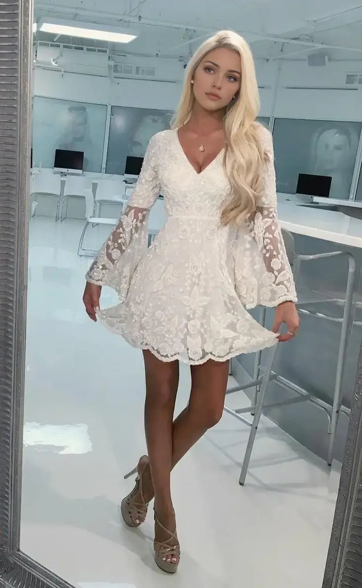Elegant A-Line V Neck Homecoming Dress Long Sleeves Short Prom Dress Lace Graduation Dress