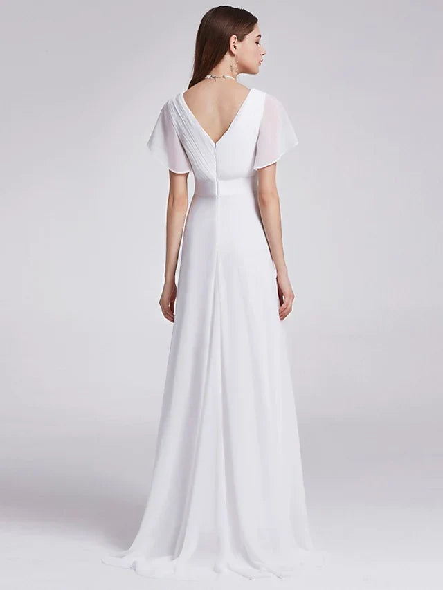 Elegant A-Line Wedding Dresses V Neck Floor Length Chiffon Short Sleeve Simple Bridal Gown Charming Evening Party Dress