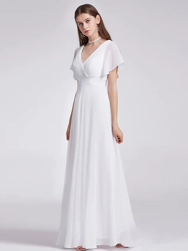 Elegant A-Line Wedding Dresses V Neck Floor Length Chiffon Short Sleeve Simple Bridal Gown Charming Evening Party Dress