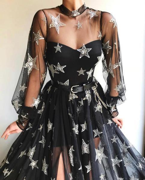 Elegant A Line Star Black High Neck Long Sleeves Prom Dress With Split Charming Evening Party Dress