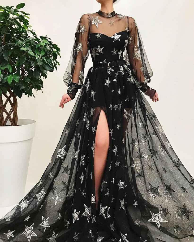 Elegant A Line Star Black High Neck Long Sleeves Prom Dress With Split Charming Evening Party Dress