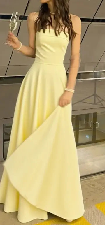 Elegant A Line Strapless Sleeveless Long Formal Prom Dress Charming Evening Party Gowns Yellow Simple Graduation Dress
