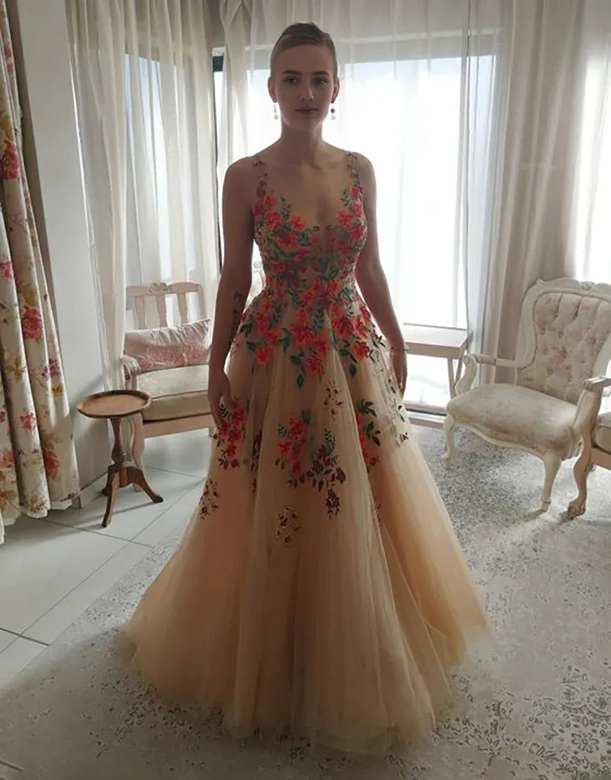 Elegant A Line V Neck Sleeveless Flower Long Prom Dress Charming Wedding Dresses
