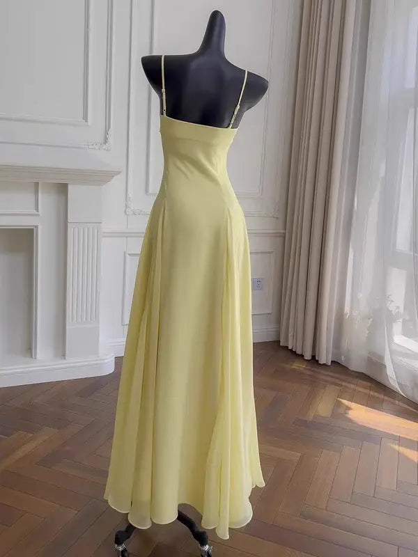Elegant A line Spaghetti Straps Yellow Long Formal Prom Dress Sleeveless Charming Evening Party Gowns Pretty Birthday Outfits Graduation Dress