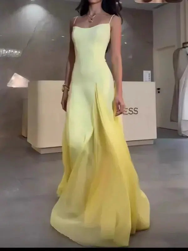 Elegant A line Spaghetti Straps Yellow Long Formal Prom Dress Sleeveless Charming Evening Party Gowns Pretty Birthday Outfits Graduation Dress