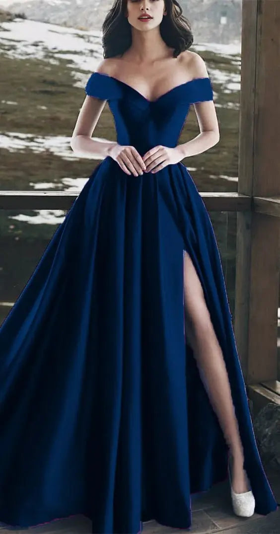Elegant Blue A Line Off Shoulder Long Formal Prom Dress With Slit Charming Graduation Dress Simple Party Evening Gowns