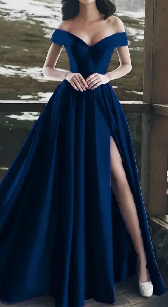 Elegant Blue A Line Off Shoulder Long Formal Prom Dress With Slit Charming Graduation Dress Simple Party Evening Gowns