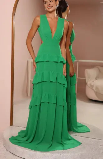 Elegant Green A Line V Neck Layered Ruffles Long Formal Prom Dress Charming Open Back Wedding Guest Dress Pretty Party Evening Gowns