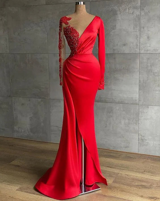 Elegant Mermaid Long Sleeve Beaded Formal Prom Dress With Slit Sexy Party Evening Gowns Charming Wedding Guest Dress for Women