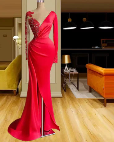 Elegant Mermaid Long Sleeve Beaded Formal Prom Dress With Slit Sexy Party Evening Gowns Charming Wedding Guest Dress for Women