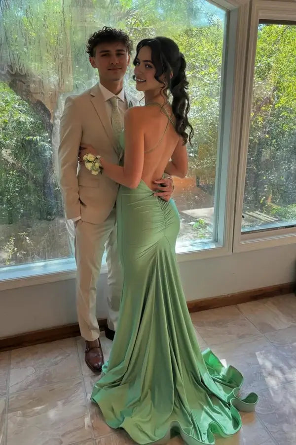 Elegant Mermaid Green Satin V-neck Straps Sleeveless Long Formal Prom Dress Sexy Evening Gowns Simple Graduation Party Dress