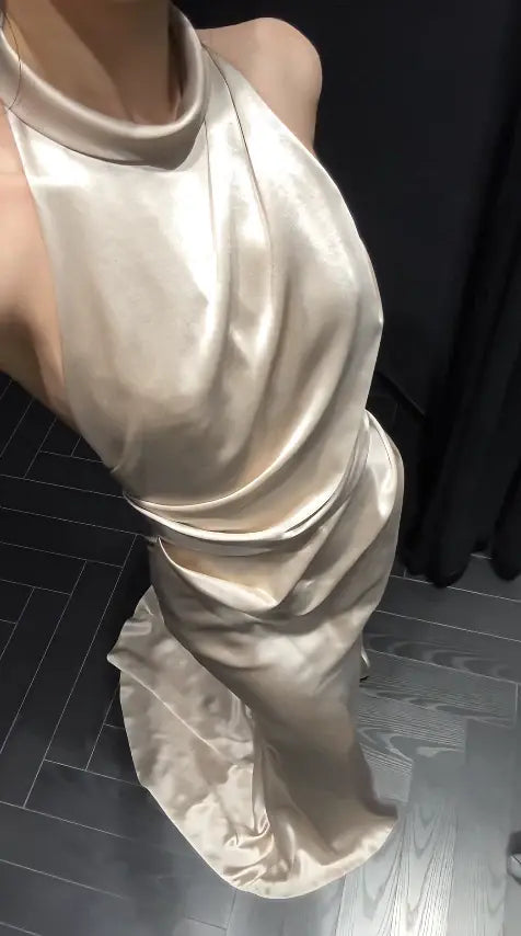 Elegant Mermaid Halter Satin Sleeveless Long Formal Prom Dress Fashion Evening Party Gowns Simple Wedding Guest Dress