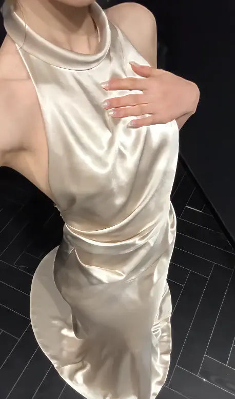 Elegant Mermaid Halter Satin Sleeveless Long Formal Prom Dress Fashion Evening Party Gowns Simple Wedding Guest Dress