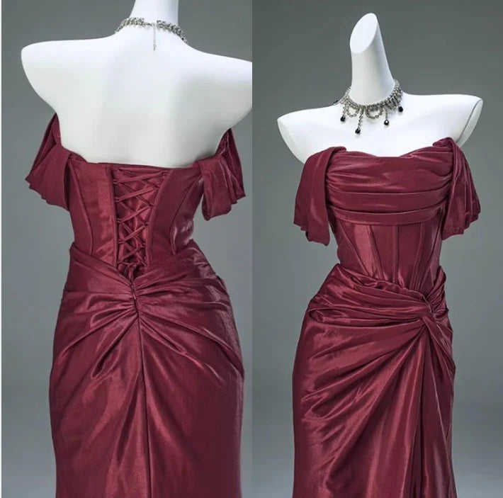 Elegant Mermaid Off the Shoulder Pleated Satin Long Formal Prom Dress Fahsion Party Evening Gowns Charming Wedding Guest Dress