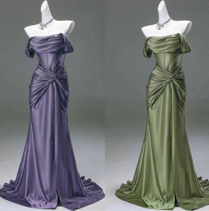 Elegant Mermaid Off the Shoulder Pleated Satin Long Formal Prom Dress Fahsion Party Evening Gowns Charming Wedding Guest Dress