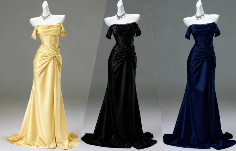 Elegant Mermaid Off the Shoulder Pleated Satin Long Formal Prom Dress Fahsion Party Evening Gowns Charming Wedding Guest Dress