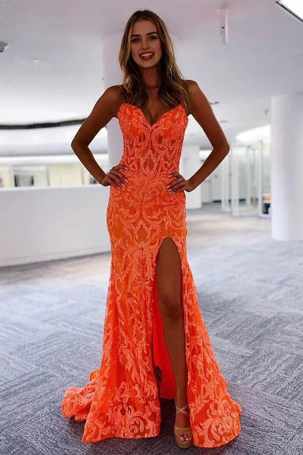 Elegant Mermaid Spaghetti Straps Sleeveless Long Formal Prom Dress With Slit Sexy Party Evening Gowns Charming Graduation Dress
