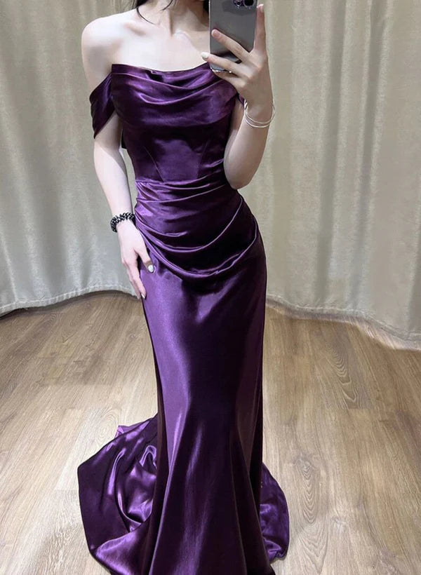 Elegant Purple Satin Off Shoulder Long Formal Prom Dress Chic Party Evening Gowns Charming Wedding Guest Dress for Women