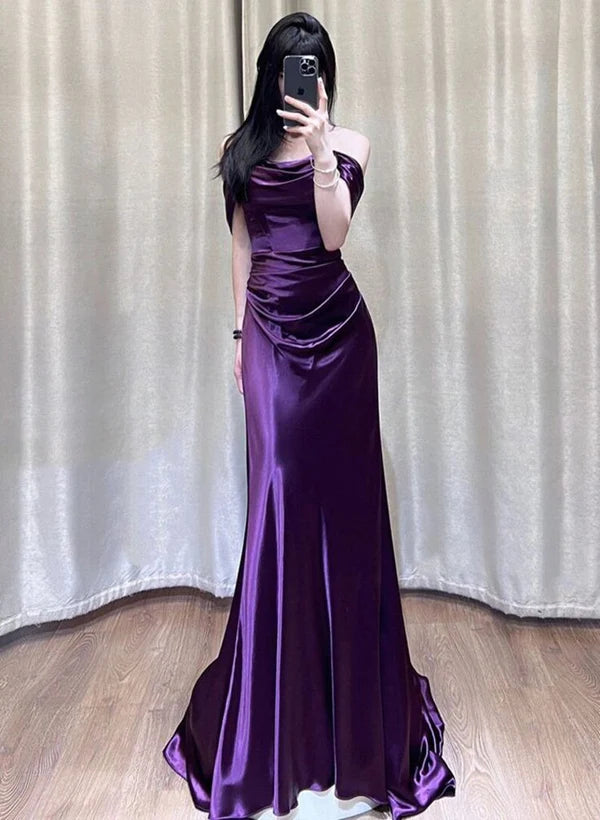 Elegant Purple Satin Off Shoulder Long Formal Prom Dress Chic Party Evening Gowns Charming Wedding Guest Dress for Women