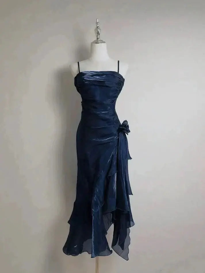 Elegant Spaghetti Straps Sleeveless Ruffle Formal Prom Dress Chic Party Evening Gowns Vintage Graduation Dress