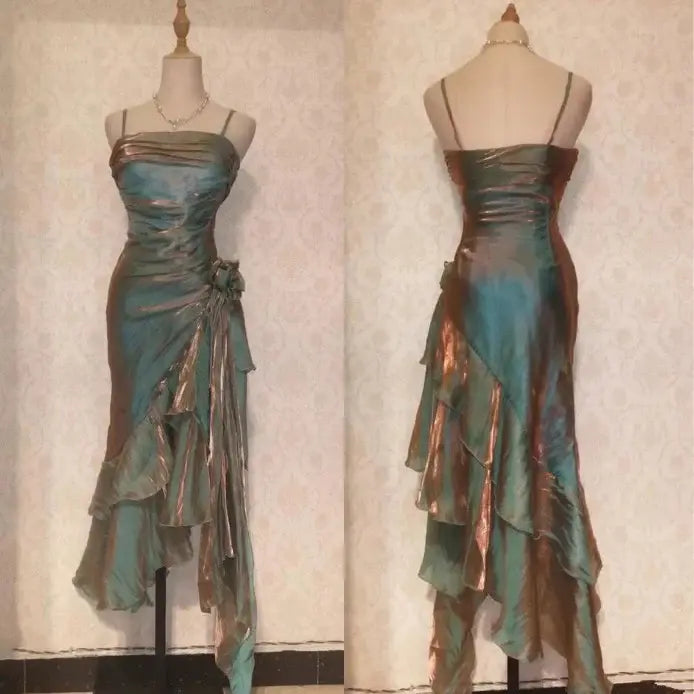 Elegant Spaghetti Straps Sleeveless Ruffle Formal Prom Dress Chic Party Evening Gowns Vintage Graduation Dress