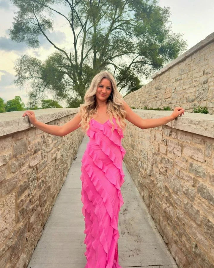 Elegant Spaghetti Straps V-neck Ruffle Party Dress Long Prom Dress Charming Evening Dress