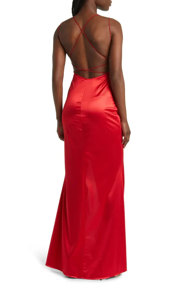 Noble thin shoulder strap off shoulder pleats backless satin and floor length front slit evening dress Sexy