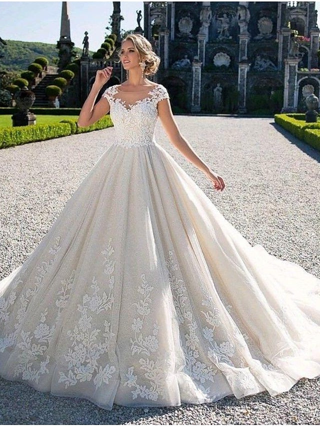 Engagement Sexy Formal Wedding Dresses Chapel Train Open Back Cap Sleeve Illusion Neck Lace Bridal Gown With Applique