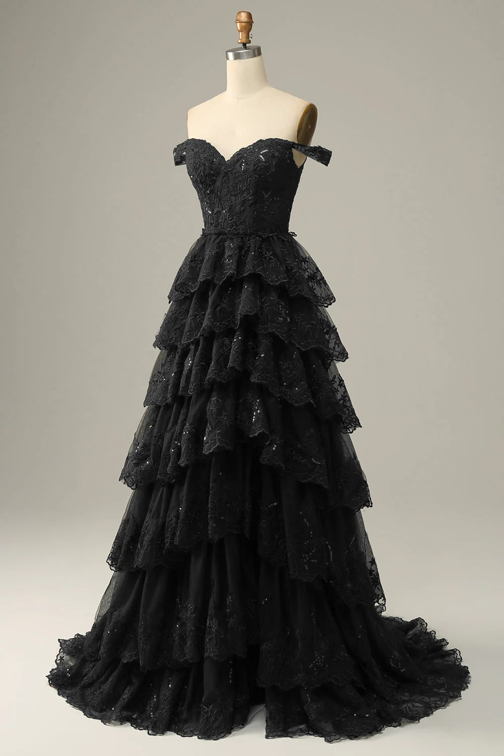 A Line Lace Layers Off the Shoulder Blue Gold Long Prom Dress with Appliques Beautiful