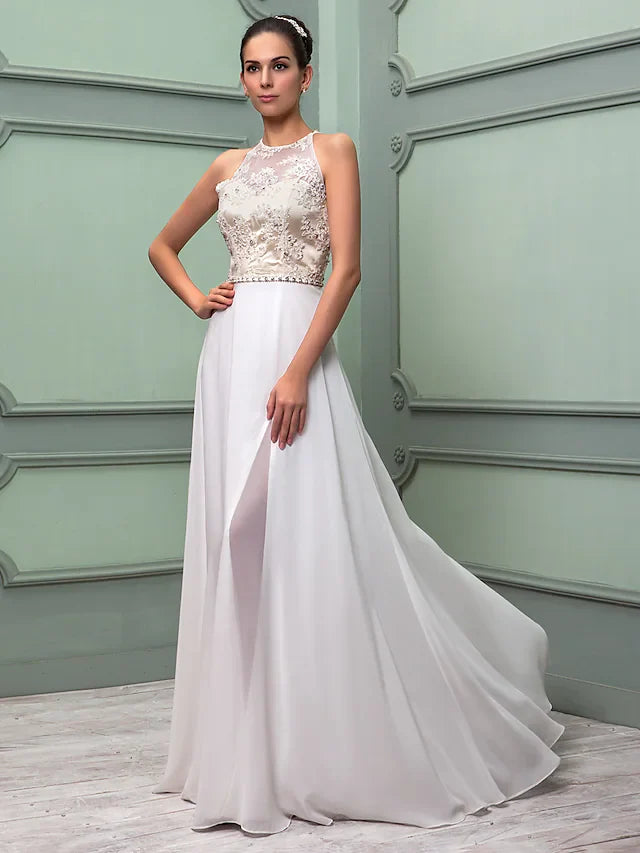 Wedding Dresses Jewel Neck Floor Length Chiffon Lace Regular Straps See-Through with Sash Ribbon Beading Split Front
